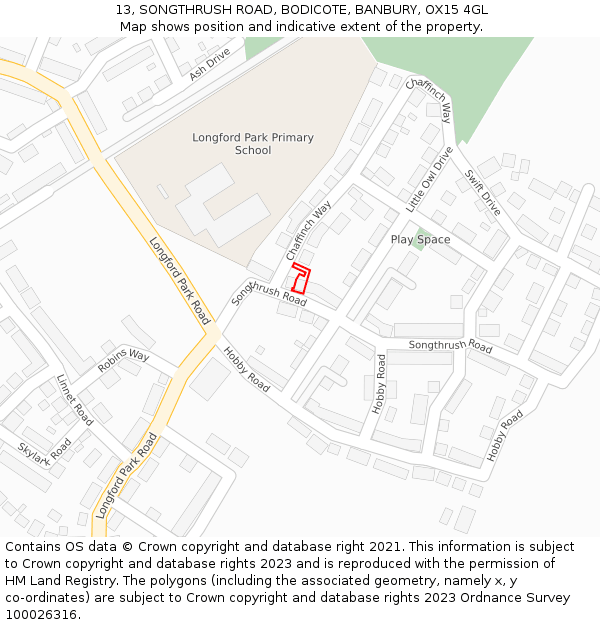 13, SONGTHRUSH ROAD, BODICOTE, BANBURY, OX15 4GL: Location map and indicative extent of plot