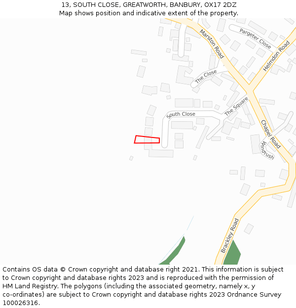 13, SOUTH CLOSE, GREATWORTH, BANBURY, OX17 2DZ: Location map and indicative extent of plot