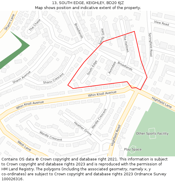 13, SOUTH EDGE, KEIGHLEY, BD20 6JZ: Location map and indicative extent of plot