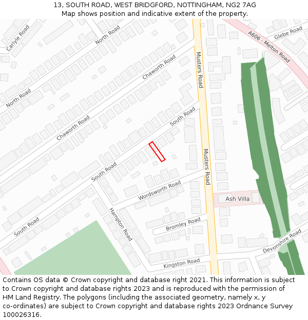 13, SOUTH ROAD, WEST BRIDGFORD, NOTTINGHAM, NG2 7AG: Location map and indicative extent of plot