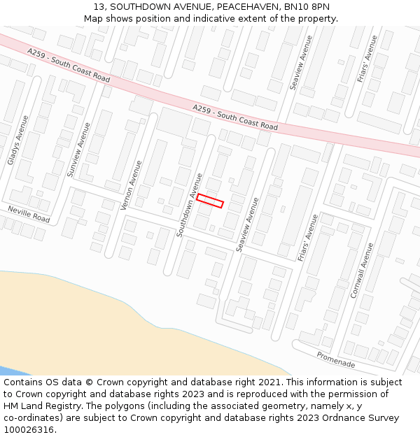 13, SOUTHDOWN AVENUE, PEACEHAVEN, BN10 8PN: Location map and indicative extent of plot