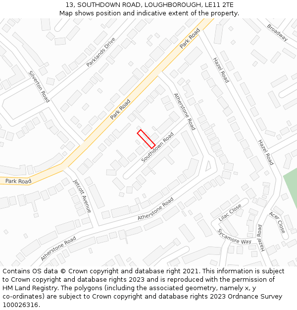 13, SOUTHDOWN ROAD, LOUGHBOROUGH, LE11 2TE: Location map and indicative extent of plot