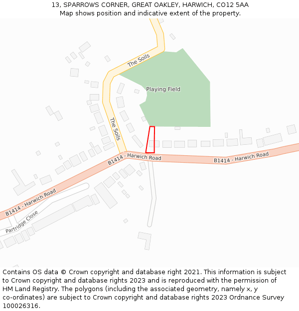 13, SPARROWS CORNER, GREAT OAKLEY, HARWICH, CO12 5AA: Location map and indicative extent of plot