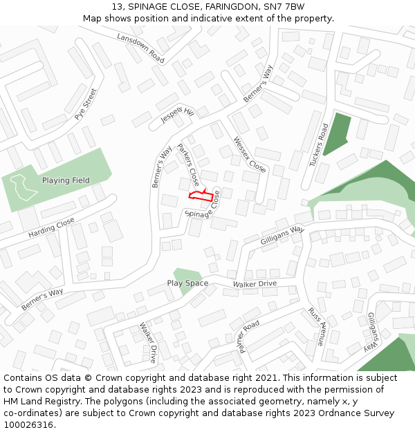 13, SPINAGE CLOSE, FARINGDON, SN7 7BW: Location map and indicative extent of plot