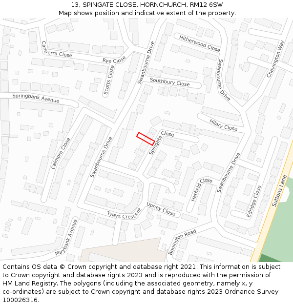 13, SPINGATE CLOSE, HORNCHURCH, RM12 6SW: Location map and indicative extent of plot