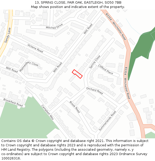 13, SPRING CLOSE, FAIR OAK, EASTLEIGH, SO50 7BB: Location map and indicative extent of plot