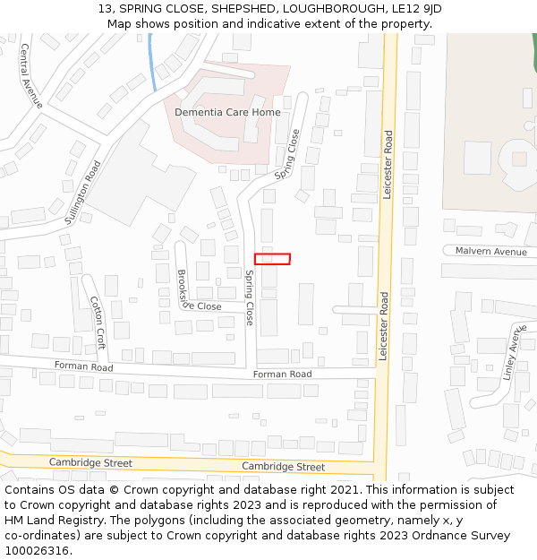 13, SPRING CLOSE, SHEPSHED, LOUGHBOROUGH, LE12 9JD: Location map and indicative extent of plot