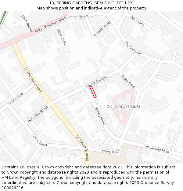 13, SPRING GARDENS, SPALDING, PE11 2XL: Location map and indicative extent of plot