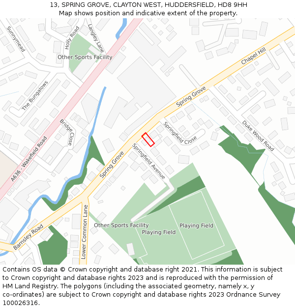 13, SPRING GROVE, CLAYTON WEST, HUDDERSFIELD, HD8 9HH: Location map and indicative extent of plot