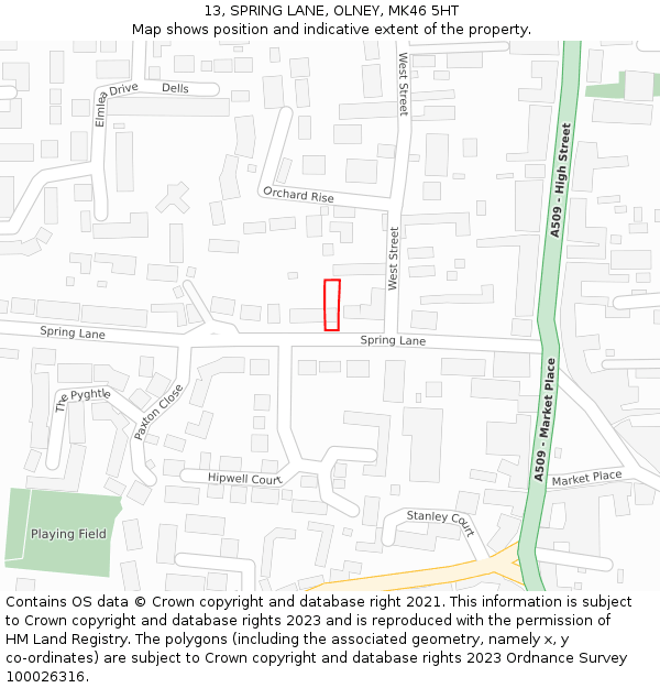 13, SPRING LANE, OLNEY, MK46 5HT: Location map and indicative extent of plot