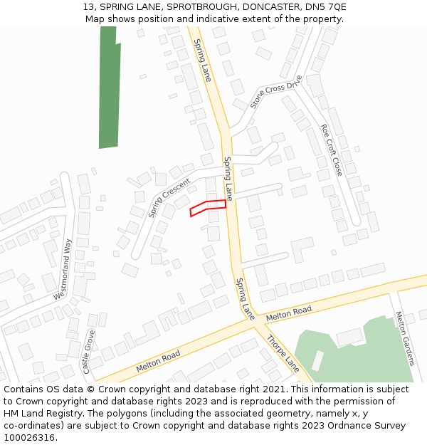 13, SPRING LANE, SPROTBROUGH, DONCASTER, DN5 7QE: Location map and indicative extent of plot