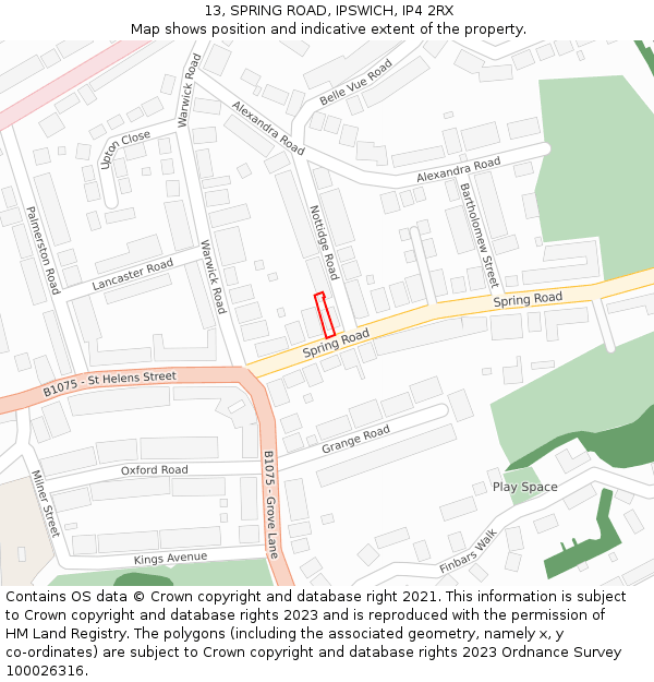 13, SPRING ROAD, IPSWICH, IP4 2RX: Location map and indicative extent of plot