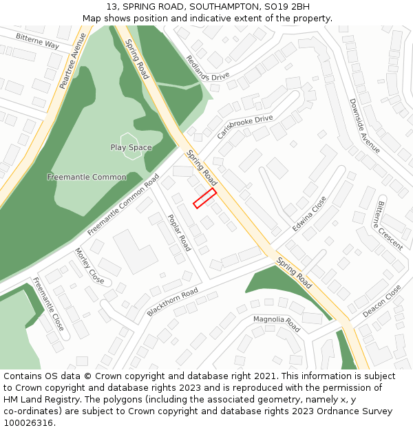 13, SPRING ROAD, SOUTHAMPTON, SO19 2BH: Location map and indicative extent of plot