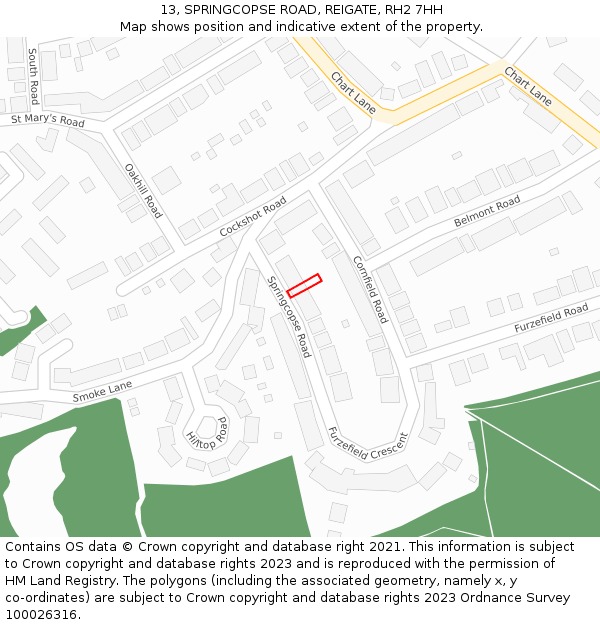 13, SPRINGCOPSE ROAD, REIGATE, RH2 7HH: Location map and indicative extent of plot