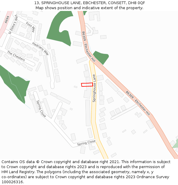 13, SPRINGHOUSE LANE, EBCHESTER, CONSETT, DH8 0QF: Location map and indicative extent of plot