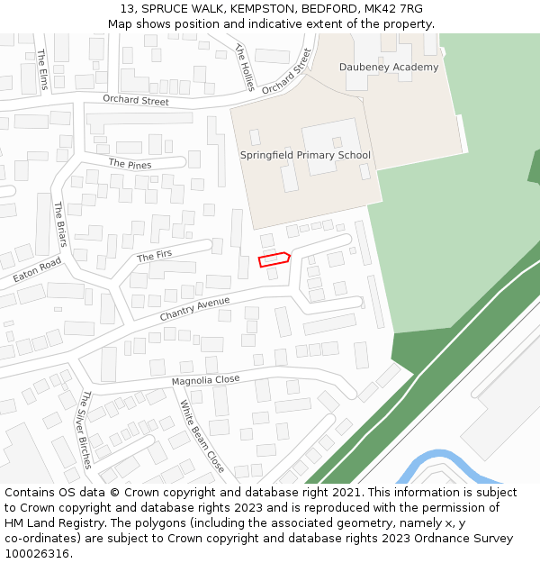 13, SPRUCE WALK, KEMPSTON, BEDFORD, MK42 7RG: Location map and indicative extent of plot