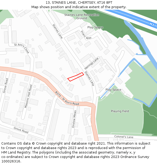 13, STAINES LANE, CHERTSEY, KT16 8PT: Location map and indicative extent of plot