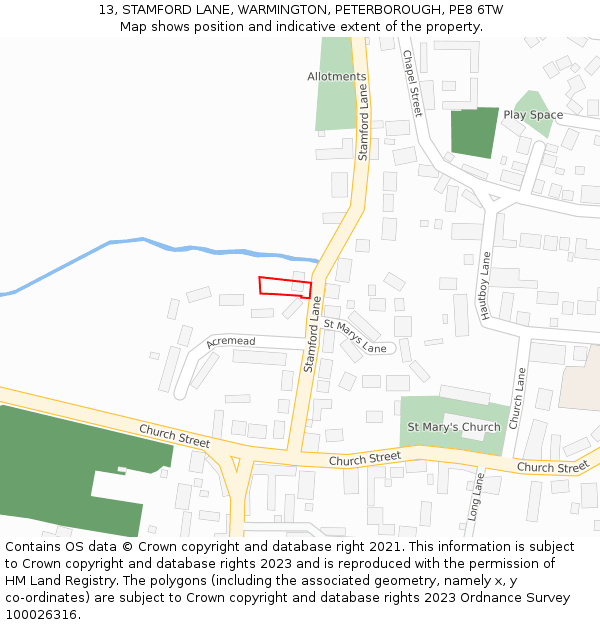 13, STAMFORD LANE, WARMINGTON, PETERBOROUGH, PE8 6TW: Location map and indicative extent of plot