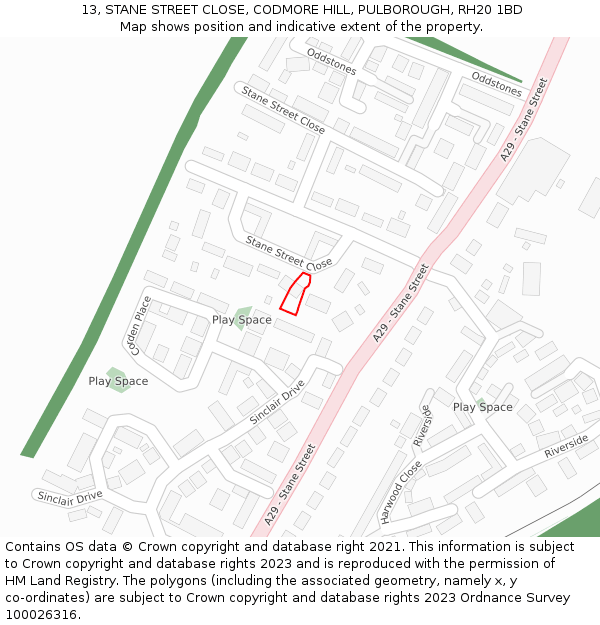 13, STANE STREET CLOSE, CODMORE HILL, PULBOROUGH, RH20 1BD: Location map and indicative extent of plot