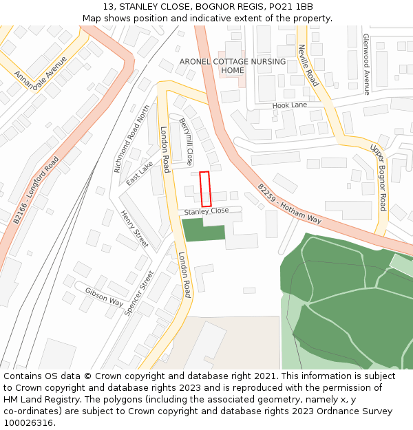 13, STANLEY CLOSE, BOGNOR REGIS, PO21 1BB: Location map and indicative extent of plot