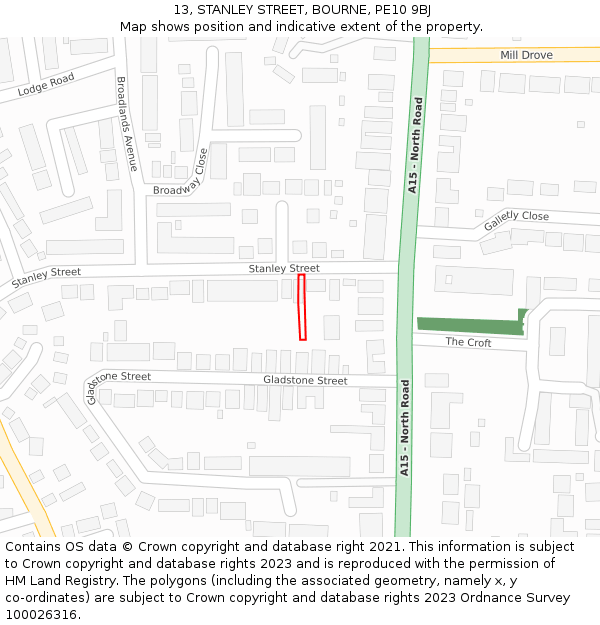 13, STANLEY STREET, BOURNE, PE10 9BJ: Location map and indicative extent of plot