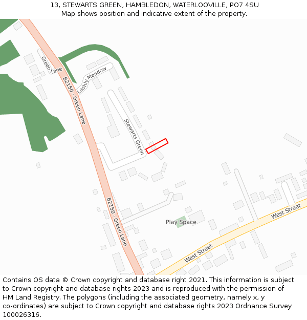 13, STEWARTS GREEN, HAMBLEDON, WATERLOOVILLE, PO7 4SU: Location map and indicative extent of plot