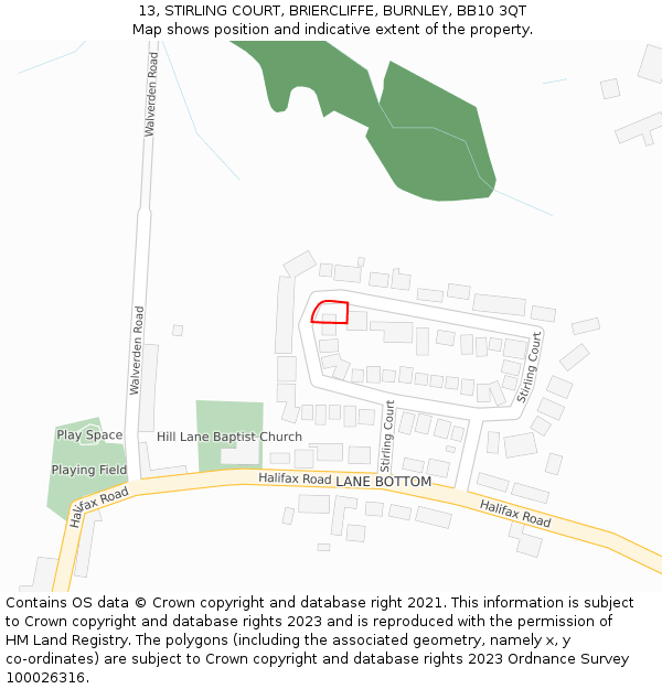 13, STIRLING COURT, BRIERCLIFFE, BURNLEY, BB10 3QT: Location map and indicative extent of plot