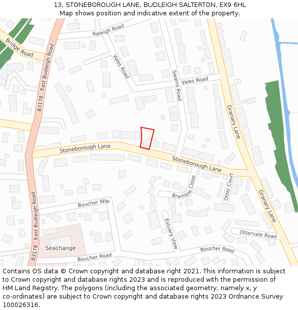 13, STONEBOROUGH LANE, BUDLEIGH SALTERTON, EX9 6HL: Location map and indicative extent of plot