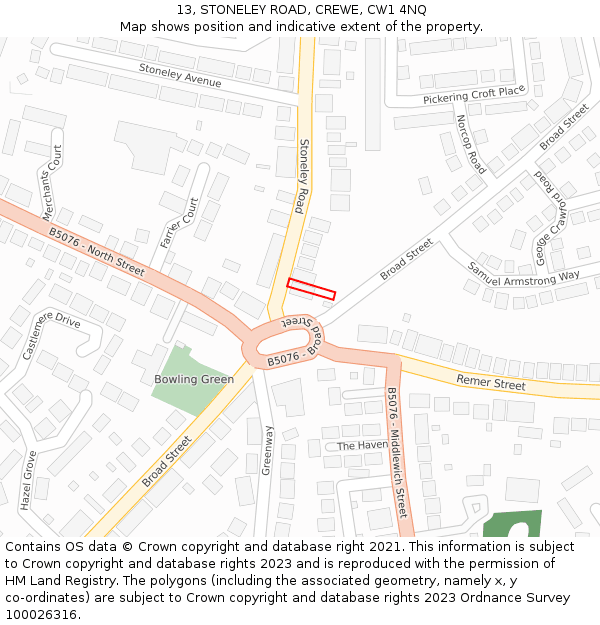 13, STONELEY ROAD, CREWE, CW1 4NQ: Location map and indicative extent of plot