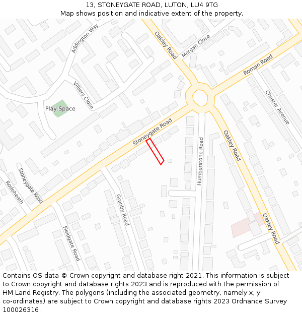 13, STONEYGATE ROAD, LUTON, LU4 9TG: Location map and indicative extent of plot