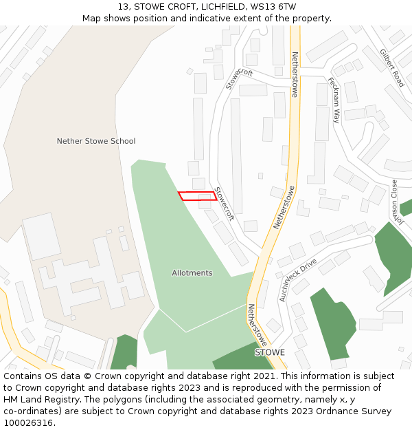 13, STOWE CROFT, LICHFIELD, WS13 6TW: Location map and indicative extent of plot