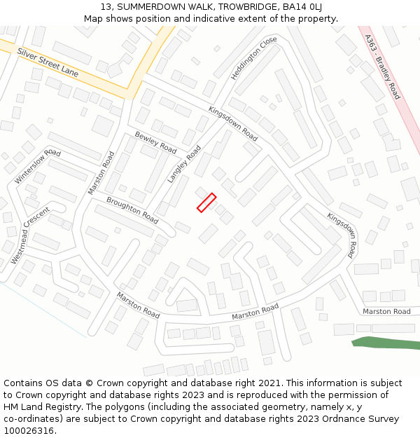 13, SUMMERDOWN WALK, TROWBRIDGE, BA14 0LJ: Location map and indicative extent of plot