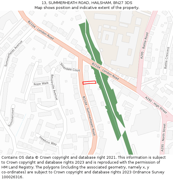 13, SUMMERHEATH ROAD, HAILSHAM, BN27 3DS: Location map and indicative extent of plot