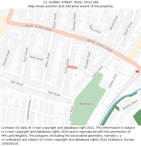 13, SURREY STREET, RYDE, PO33 2RX: Location map and indicative extent of plot