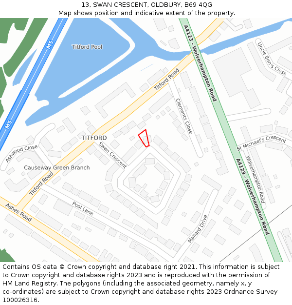 13, SWAN CRESCENT, OLDBURY, B69 4QG: Location map and indicative extent of plot