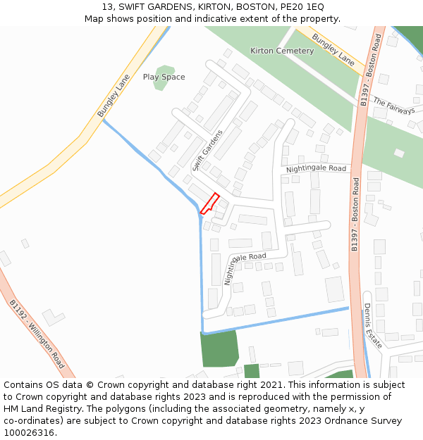 13, SWIFT GARDENS, KIRTON, BOSTON, PE20 1EQ: Location map and indicative extent of plot