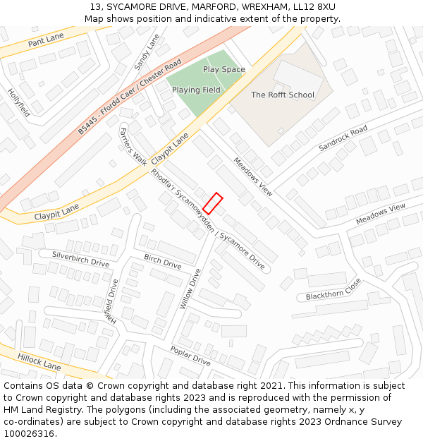 13, SYCAMORE DRIVE, MARFORD, WREXHAM, LL12 8XU: Location map and indicative extent of plot