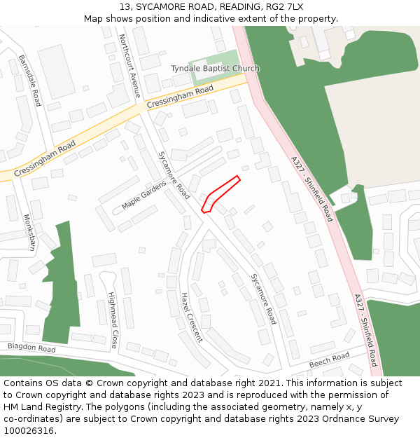 13, SYCAMORE ROAD, READING, RG2 7LX: Location map and indicative extent of plot