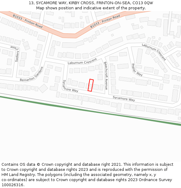 13, SYCAMORE WAY, KIRBY CROSS, FRINTON-ON-SEA, CO13 0QW: Location map and indicative extent of plot