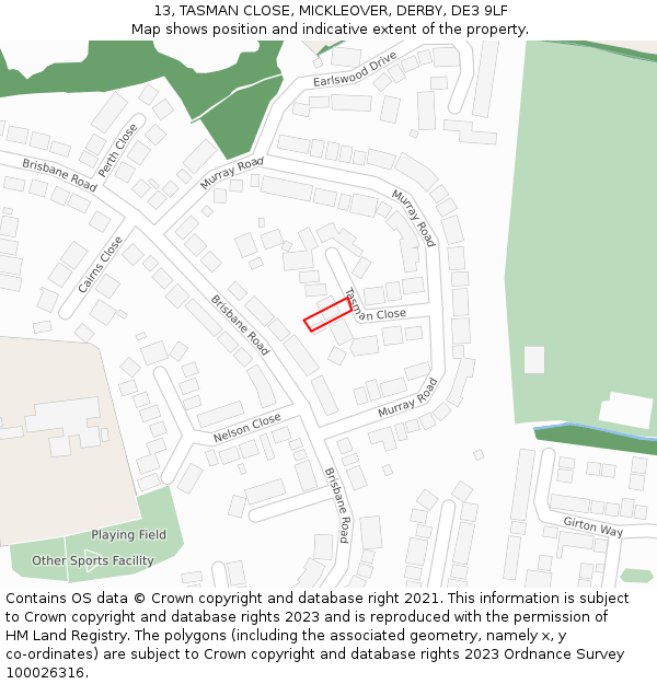 13, TASMAN CLOSE, MICKLEOVER, DERBY, DE3 9LF: Location map and indicative extent of plot