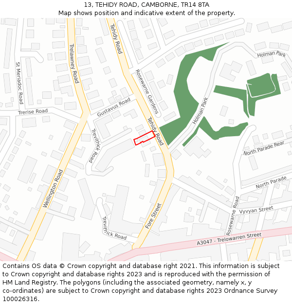 13, TEHIDY ROAD, CAMBORNE, TR14 8TA: Location map and indicative extent of plot