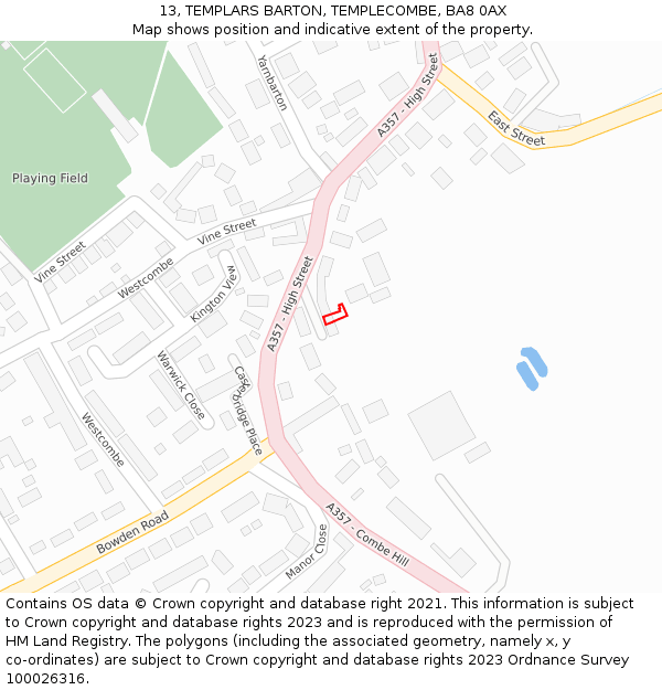 13, TEMPLARS BARTON, TEMPLECOMBE, BA8 0AX: Location map and indicative extent of plot