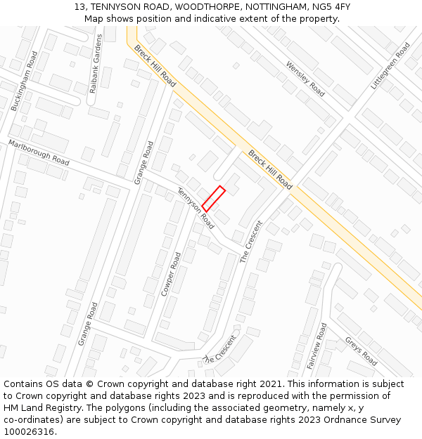 13, TENNYSON ROAD, WOODTHORPE, NOTTINGHAM, NG5 4FY: Location map and indicative extent of plot