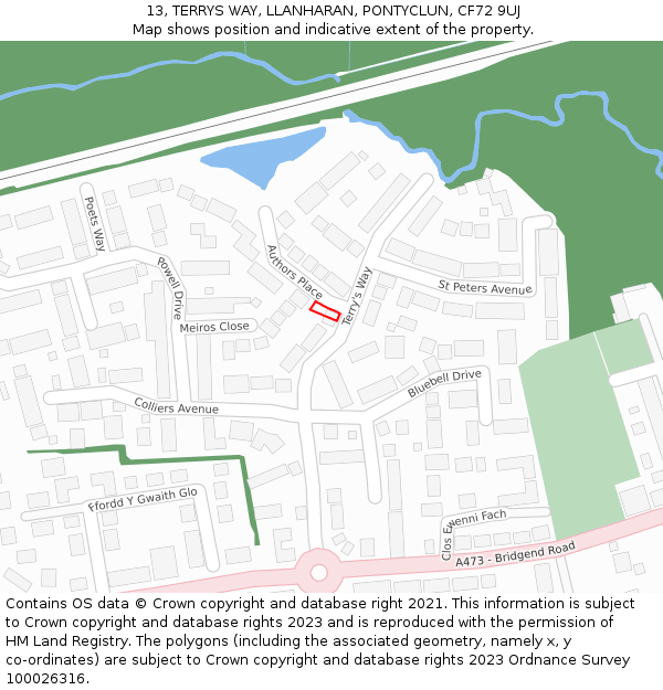 13, TERRYS WAY, LLANHARAN, PONTYCLUN, CF72 9UJ: Location map and indicative extent of plot