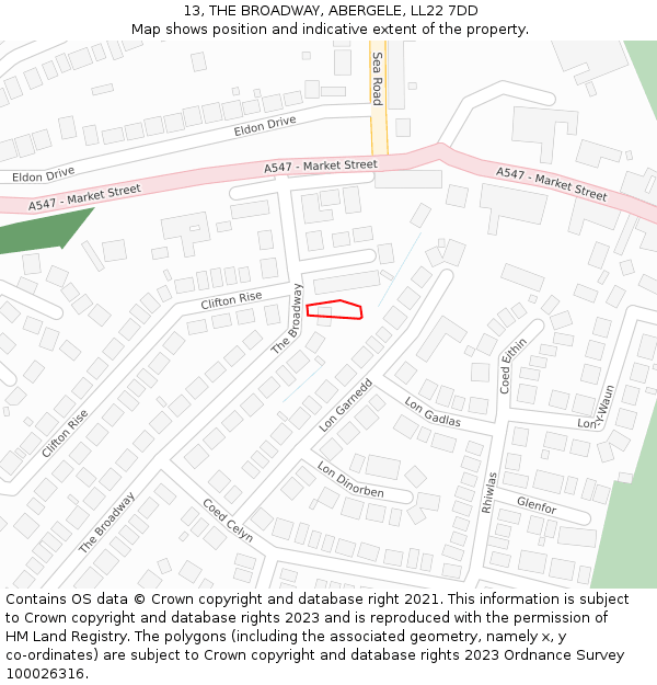 13, THE BROADWAY, ABERGELE, LL22 7DD: Location map and indicative extent of plot