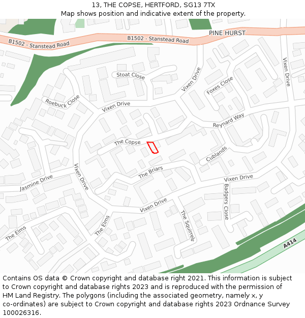 13, THE COPSE, HERTFORD, SG13 7TX: Location map and indicative extent of plot