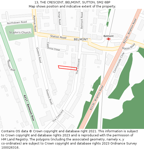 13, THE CRESCENT, BELMONT, SUTTON, SM2 6BP: Location map and indicative extent of plot