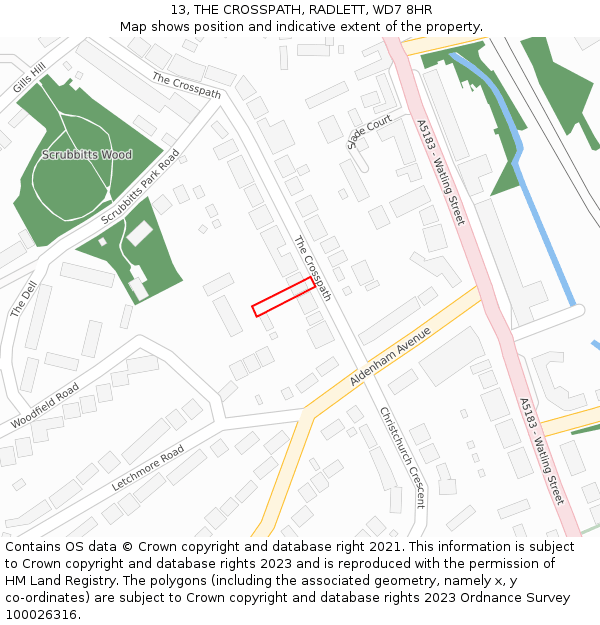 13, THE CROSSPATH, RADLETT, WD7 8HR: Location map and indicative extent of plot