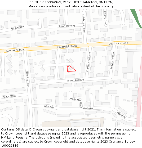 13, THE CROSSWAYS, WICK, LITTLEHAMPTON, BN17 7NJ: Location map and indicative extent of plot