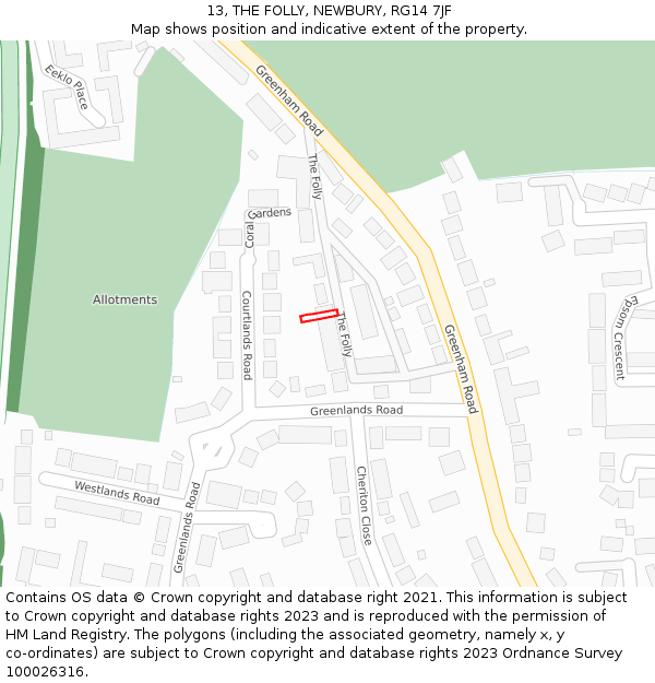 13, THE FOLLY, NEWBURY, RG14 7JF: Location map and indicative extent of plot